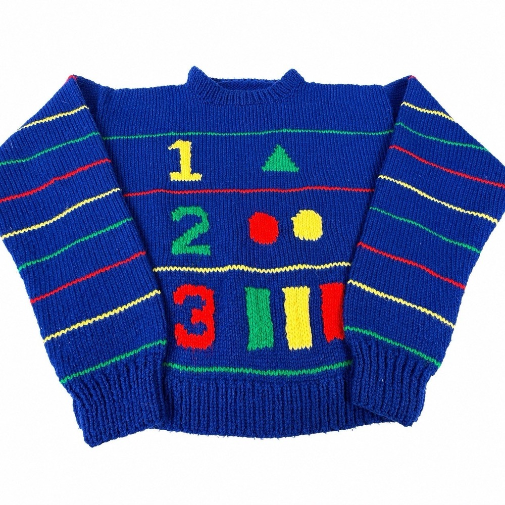 Vintage Primitive Number Sweater Size 5T Handmade Blue Primary Colors School